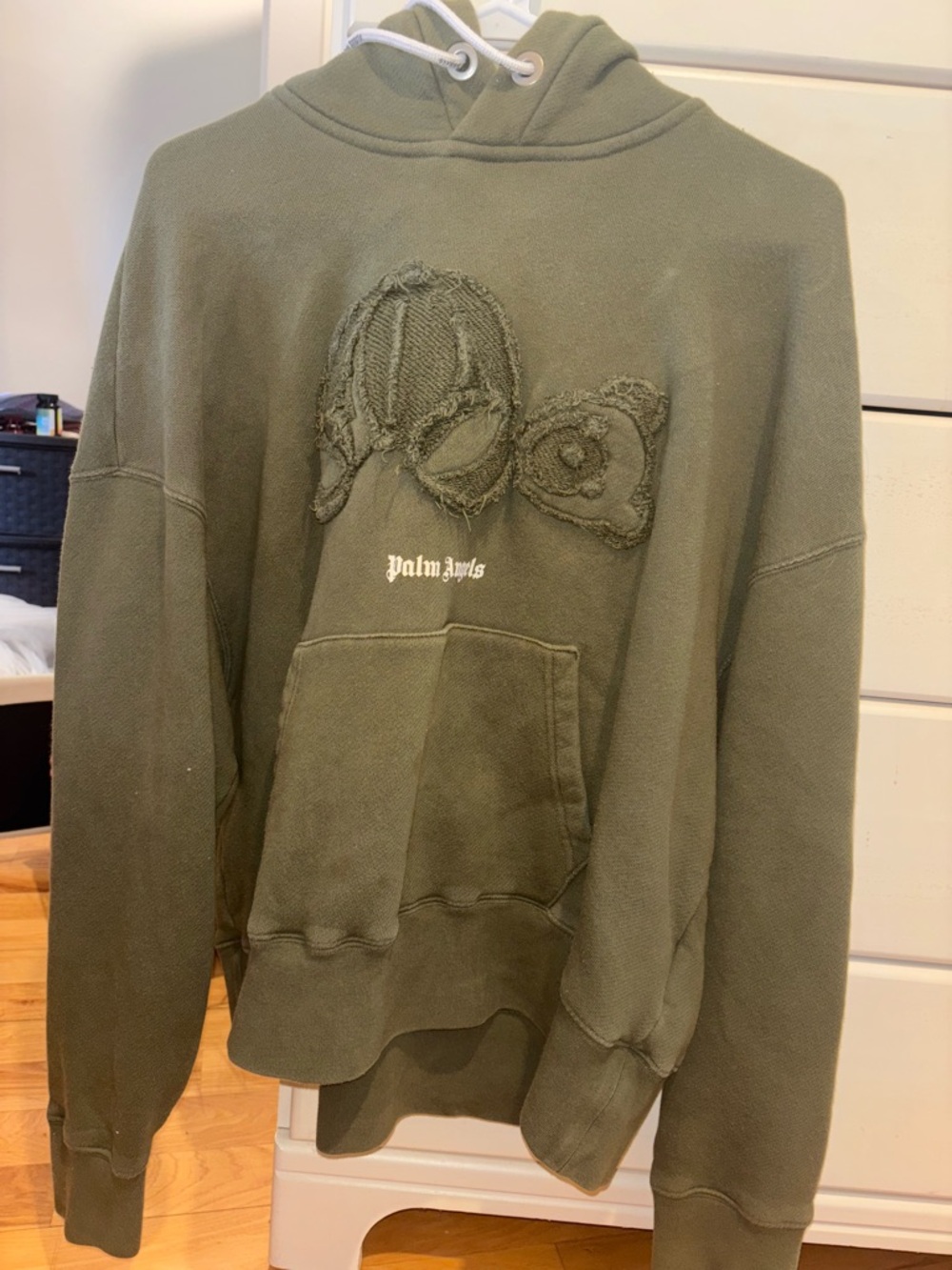 Palm Angels Olive Green Distressed Applique Hoodie